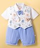 WOW Clothes Cotton Woven Half Sleeves Animal Printed Romper With Bear Applique - Light Blue