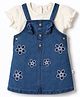 WOW Clothes Cotton Denim Woven Floral Embroidered Pinafore Style Frock with Half Sleeves T-Shirt - White & Blue