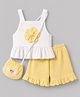 WOW Clothes Cotton Knit Sleeveless Top & Shorts Set With Floral Applique & Sling Bag - White & Yellow
