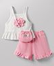 WOW Clothes Cotton Knit Sleeveless Top & Shorts Set With Floral Appliquw & Sling Bag - White & Light Pink