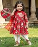 EARTHY TOUCH Cambric Woven Three Fourth Sleeves Floral Printed Kurti Salwar Set with Dupatta - Red