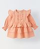 Spunkies Cotton Woven Full Sleeves Ruffle Detailed Dress - Peach