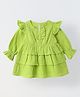 Spunkies Cotton Woven Full Sleeves Ruffle Detailed Dress - Lime Green