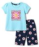 Honeyhap Premium 100% Cotton Knit Half Sleeves Floral Printed T-Shirt & Capri Night Suit With Bio Wash  - Aqua Blue