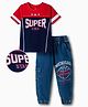 OLLINGTON ST. Cotton Knit Printed Half Sleeves T-Shirt & Denim Jogger Set - Multicolour & Blue