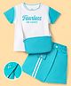 OLLINGTON ST. Cotton Knit Set Of Half Sleeves Printed Top With Bag & Skorts - White & Teal