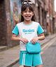OLLINGTON ST. Cotton Knit Set Of Half Sleeves Printed Top With Bag & Skorts - White & Teal