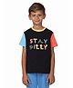 PILOLO Cotton Knit Half Sleeves Colour Blocked Stay Silly Text Printed Tee - Black