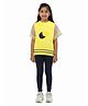 PILOLO Cotton Knit Half Sleeves Floral Applique Detailed Tee & Leggings Set - Yellow & Navy Blue