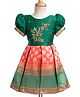Enfance Half Puffed Sleeves Stone & Beads Embellished Floral Design Thread Work Detailed Knee Length Pattu Pavadai Dress - Dark Green