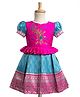 Enfance Half Puffed Sleeves Stone & Beads Embellished Floral Design Thread Work Detailed Knee Length Pattu Pavadai Dress - Royal Blue