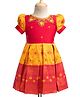 Enfance Half Puffed Sleeves Stone & Beads Embellished & Banarasi Printed Knee Length Pattu Pavdai Dress  - Yellow