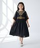 Bella Moda Cotton Woven Half Bell Sleeves Floral Embroidered Dress - Black