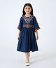 Bella Moda Cotton Woven Half Bell Sleeves Floral Embroidered Dress - Navy Blue