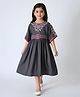 Bella Moda Cotton Woven Half Bell Sleeves Floral Embroidered Dress - Grey