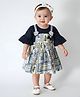 Bella Moda Cotton Woven Half Bell Sleeves Abstract Printed & Schiffi Embroidered Dress - Navy Blue