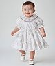 Bella Moda Cotton Woven Half Puffed Sleeves Hearts Printed Bow Applique Detailed Dress - White