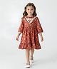 Bella Moda Cotton Woven Three Fourth Sleeves Lace Embellished Leaves Printed Dress - Brown