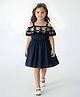 Bella Moda Cotton Woven Cold Shoulder Floral Embroidered Dress - Navy Blue
