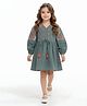 Bella Moda Cotton Woven Full Puffed Sleeves Floral Embroidered Dress - Green