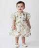 Bella Moda Organza Woven Half Puffed Sleeves Floral Printed Dress - Beige