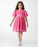 Bella Moda Cotton Woven Half Puffed Sleeves Lace Embellished & Floral Embroidered Dress - Dark Pink