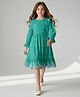 Bella Moda Cotton Woven Full Peasant Sleeves Cross & Floral Embroidered Dress - Green