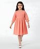 Bella Moda Cotton Woven Three Fourth Puffed Sleeves Floral Designed Schiffli Embroidered Dress - Peach