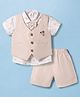 Mini Taurus Sinker Knit Half Sleeves 3 Piece Party Suit with Bear Print Bow Applique & Embroidery - Light Green