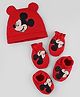Babyhug Disney Interlock Knit Cap Mittens & Booties with Mickey Mouse Print Red -Diameter 16.5 cm