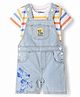 Babyhug Disney Single Jersey Knit Denim Half Sleeves Striped T-shirt and Denim Dungaree  With Mickey Mouse Graphic - Light Blue