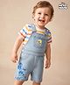 Babyhug Disney Single Jersey Knit Denim Half Sleeves Striped T-shirt and Denim Dungaree  With Mickey Mouse Graphic - Light Blue