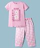 CUCUMBER Knitted Half Sleeves Floral Printed T-Shirt & Capri Night Suit - Pink