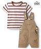 Babyoye Disney 100% Cotton Knit Half Sleeves Striped Dungaree Set With T-Shirt With Mickey Mouse Graphic - Tan