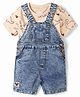 Babyoye Disney Single Jersey Knit Half Sleeves Dino Printed T-shirt and Denim Dungaree Set With Mickey Mouse Embroidery - Light Blue & Beige