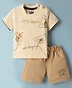 Mini Taurus Sinker Knit Half Sleeves T-Shirt & Shorts Night-Suit With Teddy & Text Print - Beige