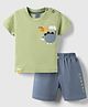 Mini Taurus Interlock Knit Half Sleeves T-Shirt & Shorts Night-Suit With Dino & Text Print - Green