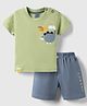 Mini Taurus Interlock Knit Half Sleeves T-Shirt & Shorts Night-Suit With Dino & Text Print - Green