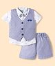 Mini Taurus Sinker Knit Half Sleeves Printed 3 Piece Party Suit with Bow Applique - Blue
