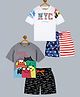 Plum Tree 100% Cotton Knit Pack of 2 Half Sleeves Monsters & NYC Text Printed Oversized Tees & Shorts Set  - Multi Colour