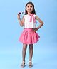 MAC WIN Cotton Lurex Woven Sleeveless Pleated Bow Applique Detailed Top & Skirt Set - Pink
