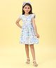 MAC WIN Cotton Woven Half Sleeves Floral Printed Dress - Blue
