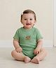 Somersault Cotton Knit Half Sleeves Animal Embroidered Onesie - Green