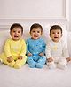 Somersault Cotton Knit Pack Of 3 Full Sleeves Eat Sleep Burp Repeat Text & Lemon Printed Footed Sleepsuits - White Blue & Yellow