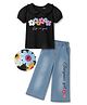 OLLINGTON ST. Sinker Knit Half Sleeves Peter Pan Collared Top & Denim Culottes With Floral Print - Black & Blue