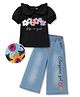 OLLINGTON ST. Sinker Knit Half Sleeves Peter Pan Collared Top & Denim Culottes With Floral Print - Black & Blue