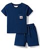 Bonfino 100% Cotton Knit Waffle Structure Fabric Half Sleeve T-Shirt & Shorts Set with Teddy Badge - Blue