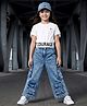 OLLINGTON ST. Cotton Knit Half Sleeves Top With Print & Denim Culottes Set - White & Indigo