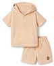 Bonfino 100% Cotton Knit Popcorn Structure Fabric Half Sleeves Solid Hooded Henley T-Shirt With Badge on The Chest & Shorts Set- Beige