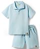 Bonfino 100% Cotton Knit Horizontal Structure Fabric Half Sleeves Solid Polo T-Shirt & Shorts Set with Badge Detailing - Light Blue